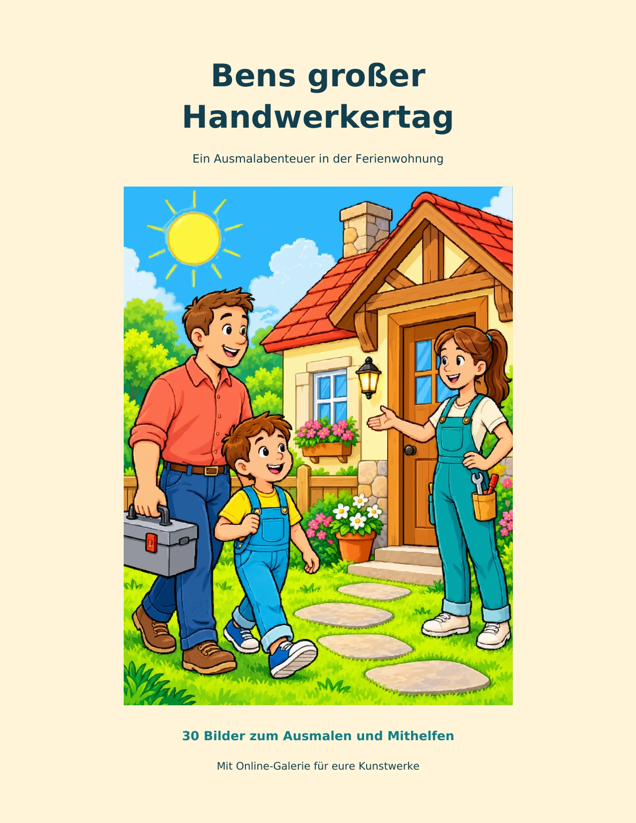 Buchumschlag von „Bens großer Handwerkertag“: Ben und Papa werden von Handwerkerin Mia vor der Ferienwohnung begrüßt.